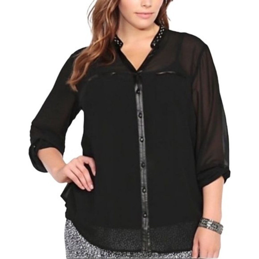 Torrid plus size sheer studded black button front faux leather trim sz 3